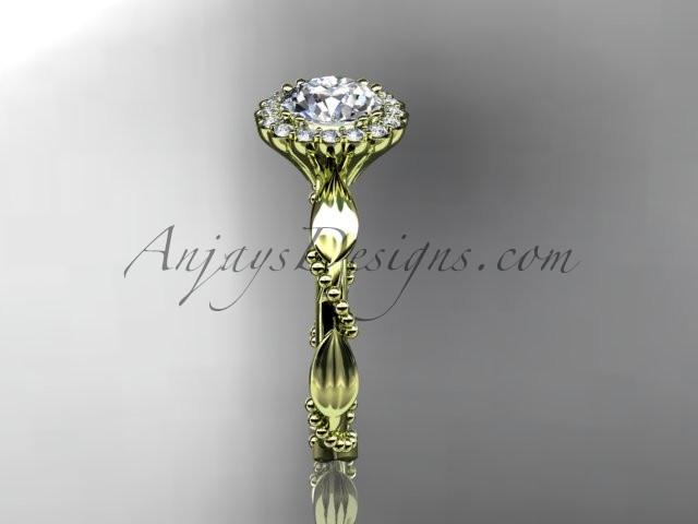 14kt yellow gold diamond leaf and vine wedding ring, engagement ring with a "Forever One" Moissanite center stone ADLR337 - AnjaysDesigns