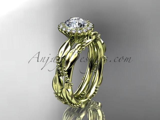 14kt yellow gold diamond leaf and vine wedding set, engagement set with a "Forever One" Moissanite center stone ADLR337 - AnjaysDesigns