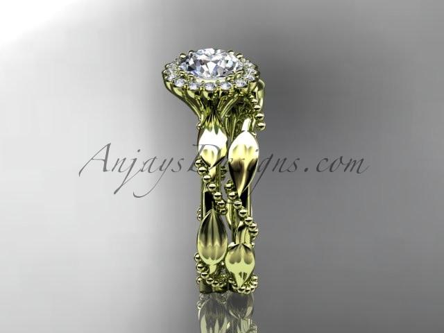 14kt yellow gold diamond leaf and vine wedding set, engagement set with a "Forever One" Moissanite center stone ADLR337 - AnjaysDesigns
