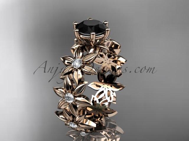 Unique 14k rose gold diamond floral engagement ring with a Black Diamond center stone ADLR339 - AnjaysDesigns