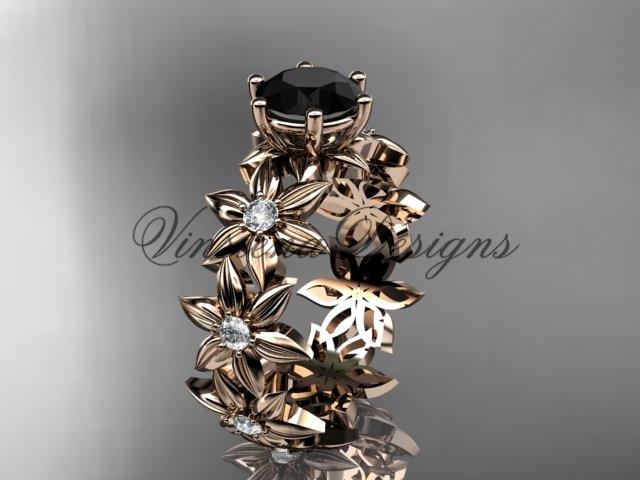 14k rose gold diamond floral engagement ring, Enhanced Black Diamond ADLR339