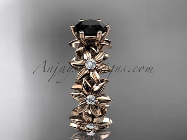 Unique 14k rose gold diamond floral engagement ring with a Black Diamond center stone ADLR339 - AnjaysDesigns