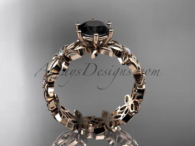 Unique 14k rose gold diamond floral engagement ring with a Black Diamond center stone ADLR339 - AnjaysDesigns