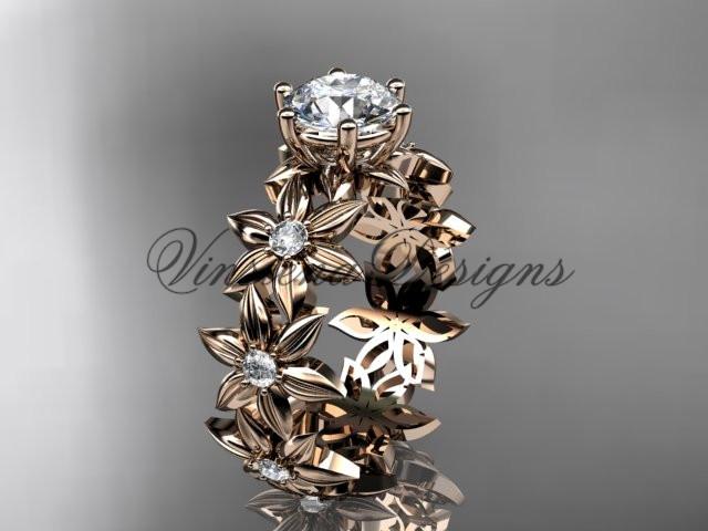 14k rose gold diamond floral engagement ring "Forever One" Moissanite ADLR339