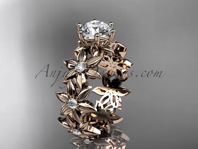 Unique 14k rose gold diamond floral engagement ring with a "Forever One" Moissanite center stone ADLR339 - AnjaysDesigns