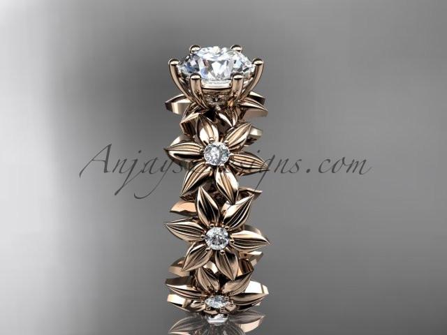 Unique 14k rose gold diamond floral engagement ring with a "Forever One" Moissanite center stone ADLR339 - AnjaysDesigns