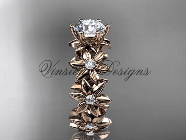 14k rose gold diamond floral engagement ring "Forever One" Moissanite ADLR339