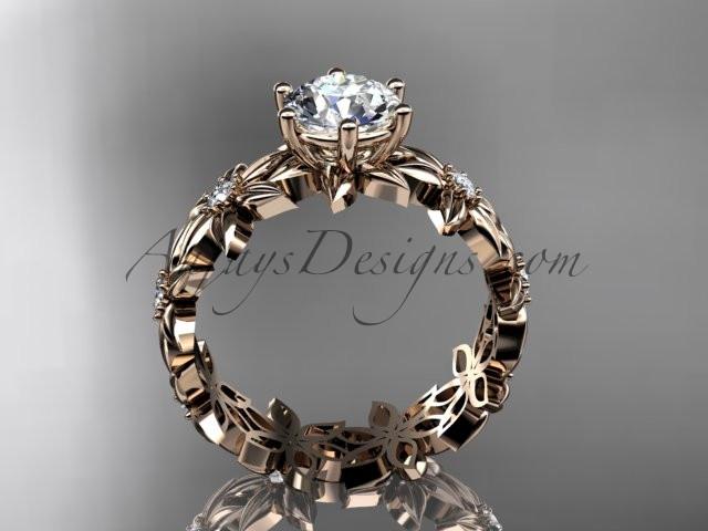 Unique 14k rose gold diamond floral engagement ring with a "Forever One" Moissanite center stone ADLR339 - AnjaysDesigns