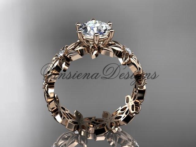 14k rose gold diamond floral engagement ring "Forever One" Moissanite ADLR339