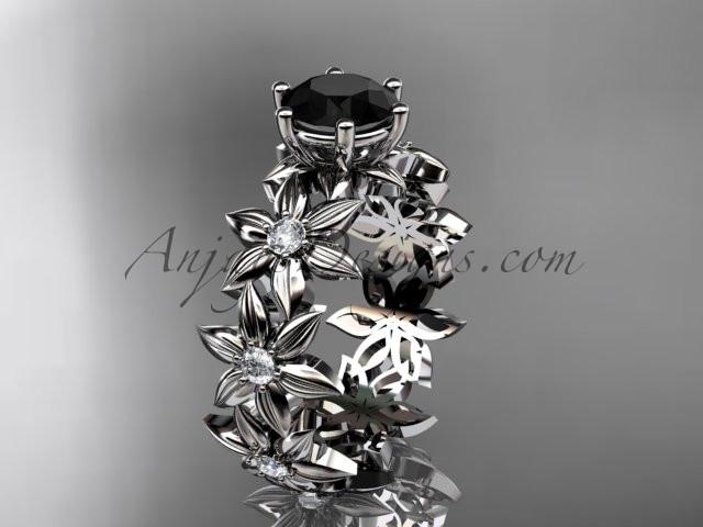 Unique platinum diamond floral engagement ring with a Black Diamond center stone ADLR339 - AnjaysDesigns