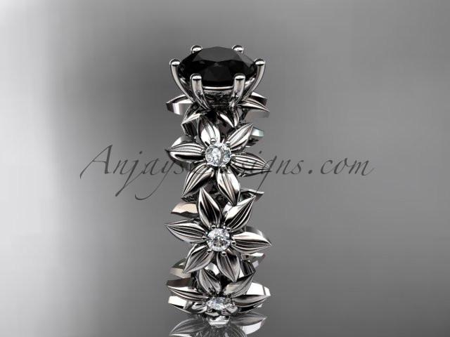 Unique platinum diamond floral engagement ring with a Black Diamond center stone ADLR339 - AnjaysDesigns