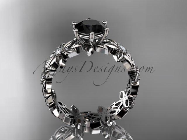 Unique platinum diamond floral engagement ring with a Black Diamond center stone ADLR339 - AnjaysDesigns