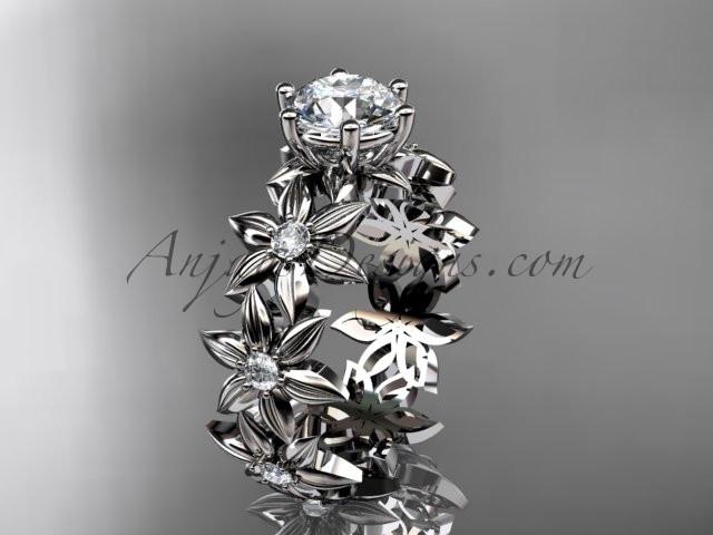 Unique 14k white gold diamond floral engagement ring with a "Forever One" Moissanite center stone ADLR339 - AnjaysDesigns