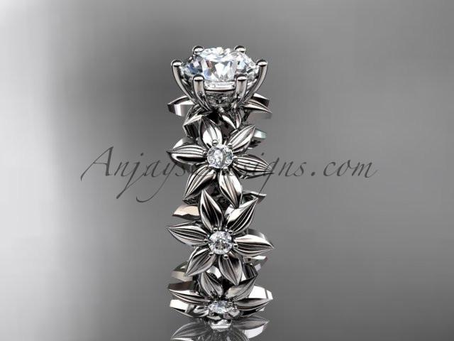Unique platinum diamond floral engagement ring with a "Forever One" Moissanite center stone ADLR339 - AnjaysDesigns