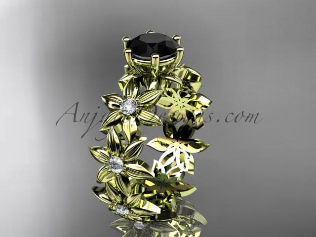 Unique 14k yellow gold diamond floral engagement ring with a Black Diamond center stone ADLR339 - AnjaysDesigns