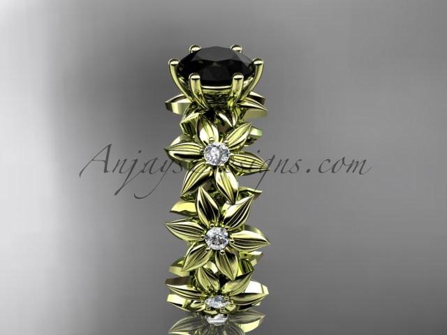 Unique 14k yellow gold diamond floral engagement ring with a Black Diamond center stone ADLR339 - AnjaysDesigns