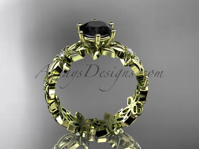 Unique 14k yellow gold diamond floral engagement ring with a Black Diamond center stone ADLR339 - AnjaysDesigns