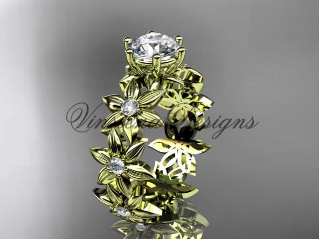 14k yellow gold diamond floral engagement ring "Forever One" Moissanite ADLR339