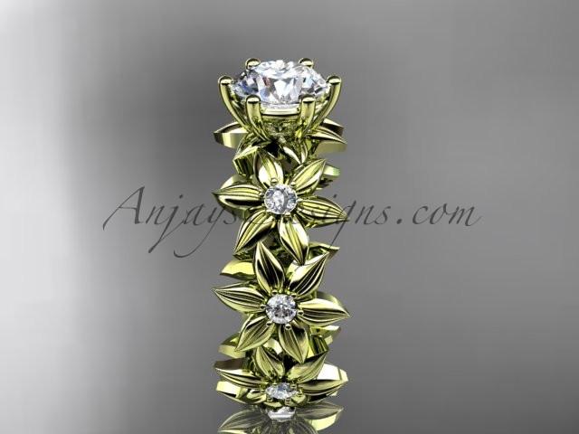 Unique 14k yellow gold diamond floral engagement ring with a "Forever One" Moissanite center stone ADLR339 - AnjaysDesigns