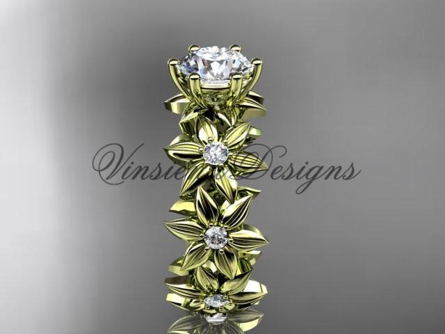 14k yellow gold diamond floral engagement ring "Forever One" Moissanite ADLR339