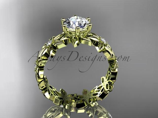 Unique 14k yellow gold diamond floral engagement ring with a "Forever One" Moissanite center stone ADLR339 - AnjaysDesigns