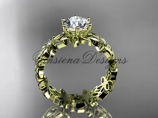 14k yellow gold diamond floral engagement ring "Forever One" Moissanite ADLR339