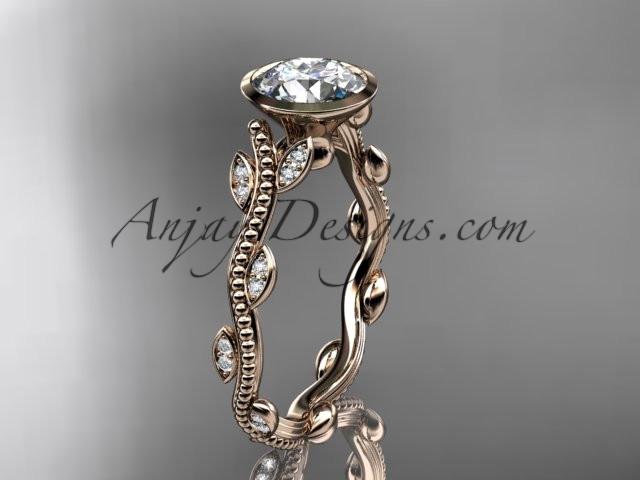 14k rose gold diamond leaf and vine wedding ring, engagement ring with "Forever One" Moissanite center stone ADLR33 - AnjaysDesigns, Moissanite Engagement Rings - Jewelry, Anjays Designs - AnjaysDesigns, AnjaysDesigns - AnjaysDesigns.co, 