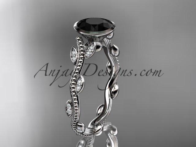 platinum diamond leaf and vine wedding ring, engagement ring with Black Diamond center stone ADLR33 - AnjaysDesigns