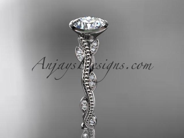 14k white gold diamond leaf and vine wedding ring, engagement ring with "Forever One" Moissanite center stone ADLR33 - AnjaysDesigns