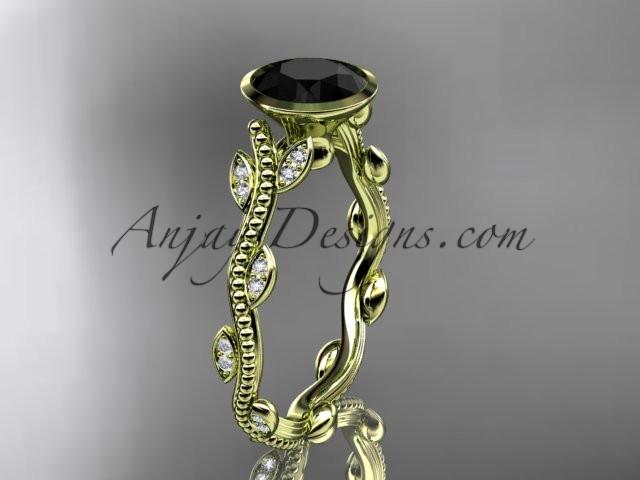 14k yellow gold diamond leaf and vine wedding ring, engagement ring with Black Diamond center stone ADLR33 - AnjaysDesigns