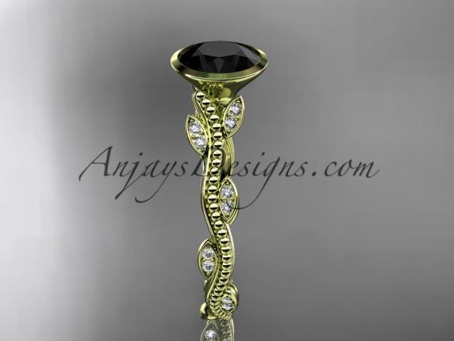 14k yellow gold diamond leaf and vine wedding ring, engagement ring with Black Diamond center stone ADLR33 - AnjaysDesigns