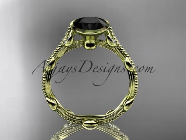 14k yellow gold diamond leaf and vine wedding ring, engagement ring with Black Diamond center stone ADLR33 - AnjaysDesigns