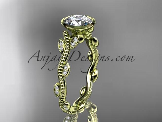 14k yellow gold diamond leaf and vine wedding ring, engagement ring with "Forever One" Moissanite center stone ADLR33 - AnjaysDesigns