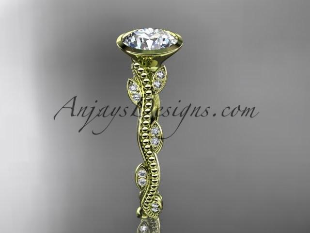 14k yellow gold diamond leaf and vine wedding ring, engagement ring with "Forever One" Moissanite center stone ADLR33 - AnjaysDesigns