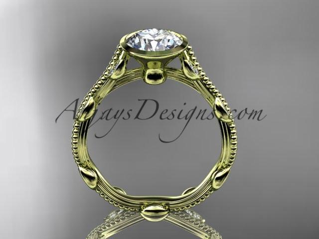 14k yellow gold diamond leaf and vine wedding ring, engagement ring with "Forever One" Moissanite center stone ADLR33 - AnjaysDesigns