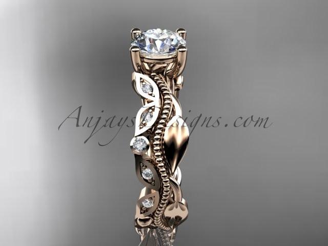 14kt rose gold diamond leaf and vine wedding ring, engagement ring, wedding band with a "Forever One" Moissanite center stone ADLR342 - AnjaysDesigns