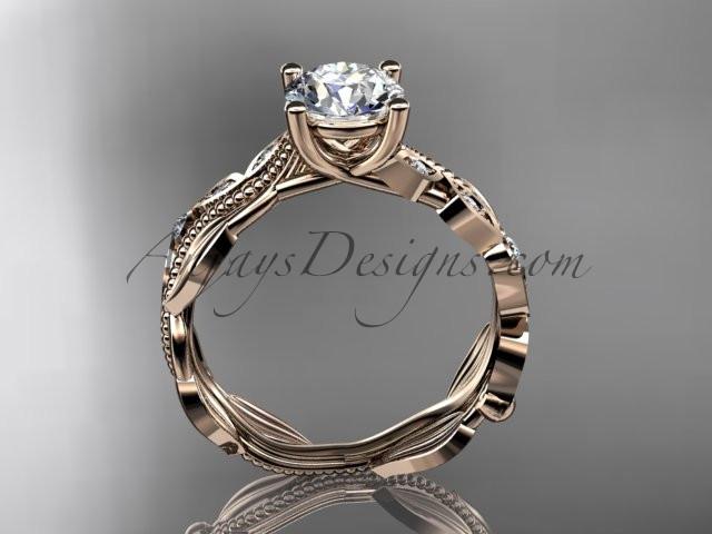 14kt rose gold diamond leaf and vine wedding ring, engagement ring, wedding band with a "Forever One" Moissanite center stone ADLR342 - AnjaysDesigns