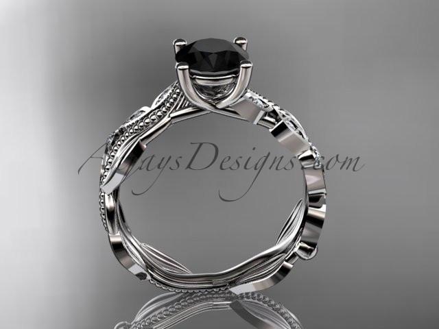 Platinum diamond leaf and vine wedding ring, engagement ring, wedding band with a  Black Diamond center stone ADLR342 - AnjaysDesigns