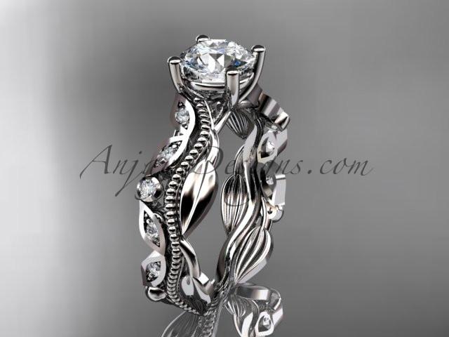 Platinum diamond leaf and vine wedding ring, engagement ring, wedding band with a "Forever One" Moissanite center stone ADLR342 - AnjaysDesigns