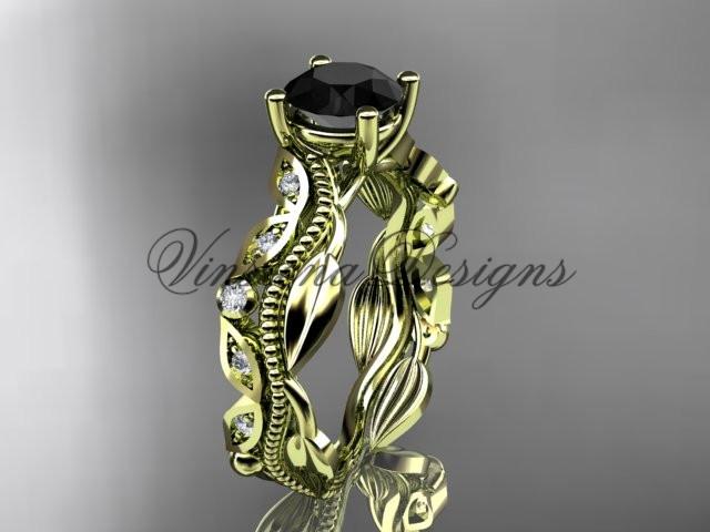 14k yellow gold diamond leaf engagement ring Enhanced Black Diamond ADLR342