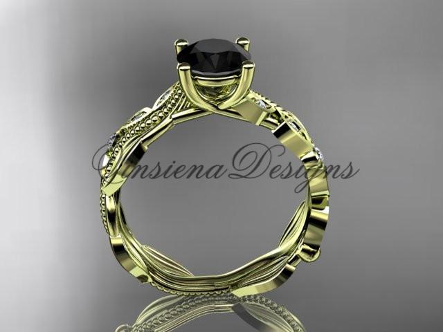 14k yellow gold diamond leaf engagement ring Enhanced Black Diamond ADLR342