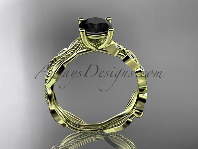 14kt yellow gold diamond leaf and vine wedding ring, engagement ring, wedding band with a  Black Diamond center stone ADLR342 - AnjaysDesigns