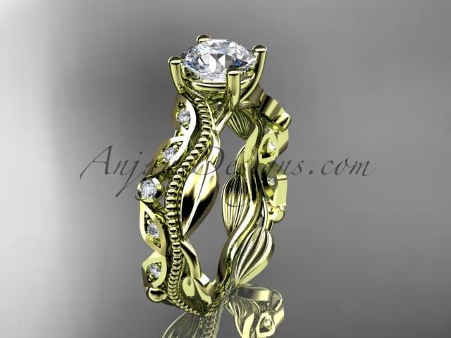 14kt yellow gold diamond leaf and vine wedding ring, engagement ring, wedding band with a "Forever One" Moissanite center stone ADLR342 - AnjaysDesigns