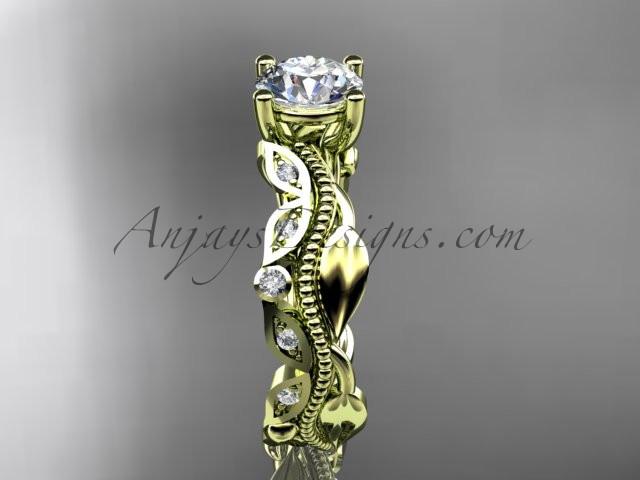 14kt yellow gold diamond leaf and vine wedding ring, engagement ring, wedding band with a "Forever One" Moissanite center stone ADLR342 - AnjaysDesigns