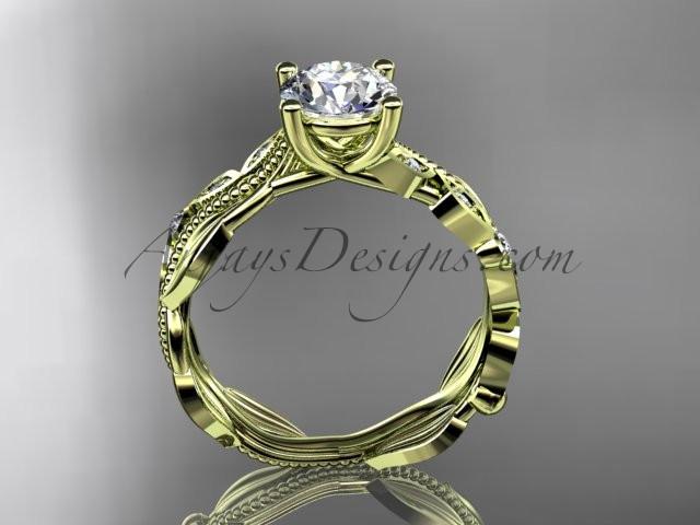 14kt yellow gold diamond leaf and vine wedding ring, engagement ring, wedding band with a "Forever One" Moissanite center stone ADLR342 - AnjaysDesigns