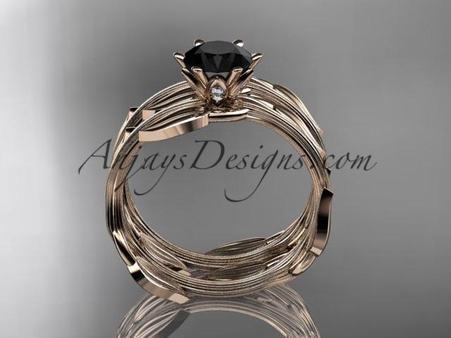 14k rose gold leaf and vine wedding ring, engagement set with a Black Diamond center stone ADLR343S - AnjaysDesigns