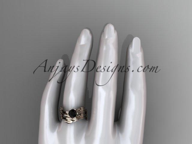 14k rose gold leaf and vine wedding ring, engagement set with a Black Diamond center stone ADLR343S - AnjaysDesigns