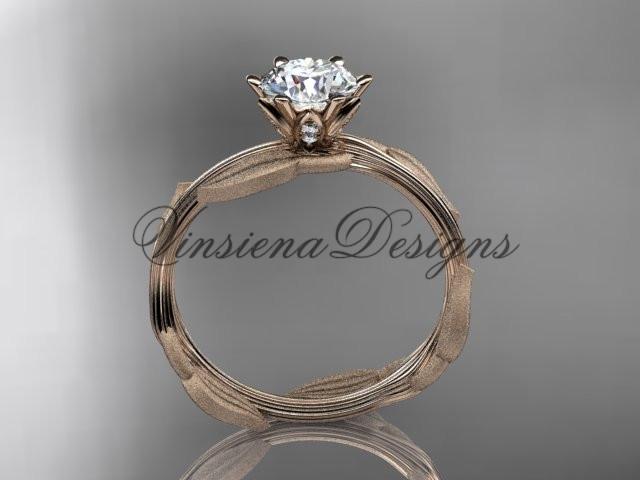 14kt rose gold leaf and vine engagement ring, "Forever One" Moissanite ADLR343