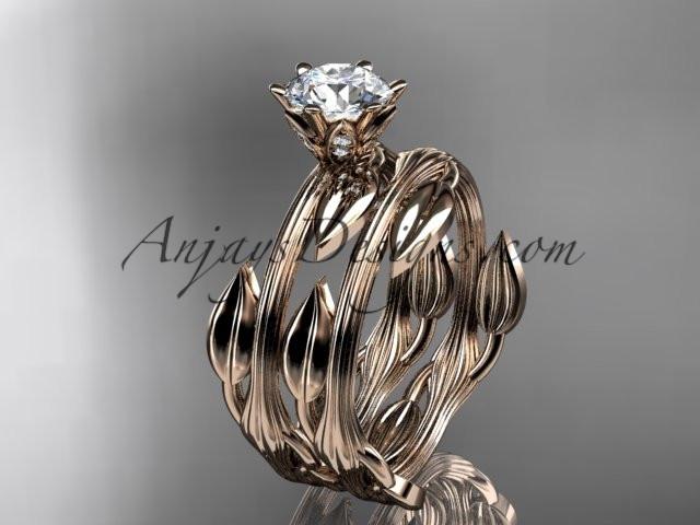 14k rose gold leaf and vine wedding ring, engagement set with a "Forever One" Moissanite center stone ADLR343S - AnjaysDesigns