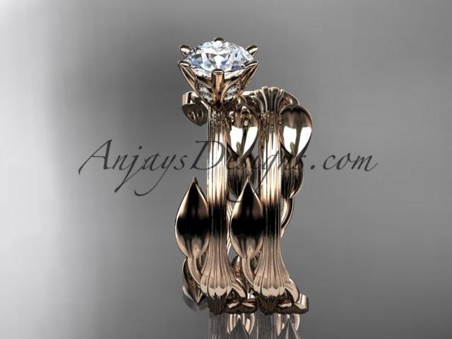 14k rose gold leaf and vine wedding ring, engagement set ADLR343S - AnjaysDesigns